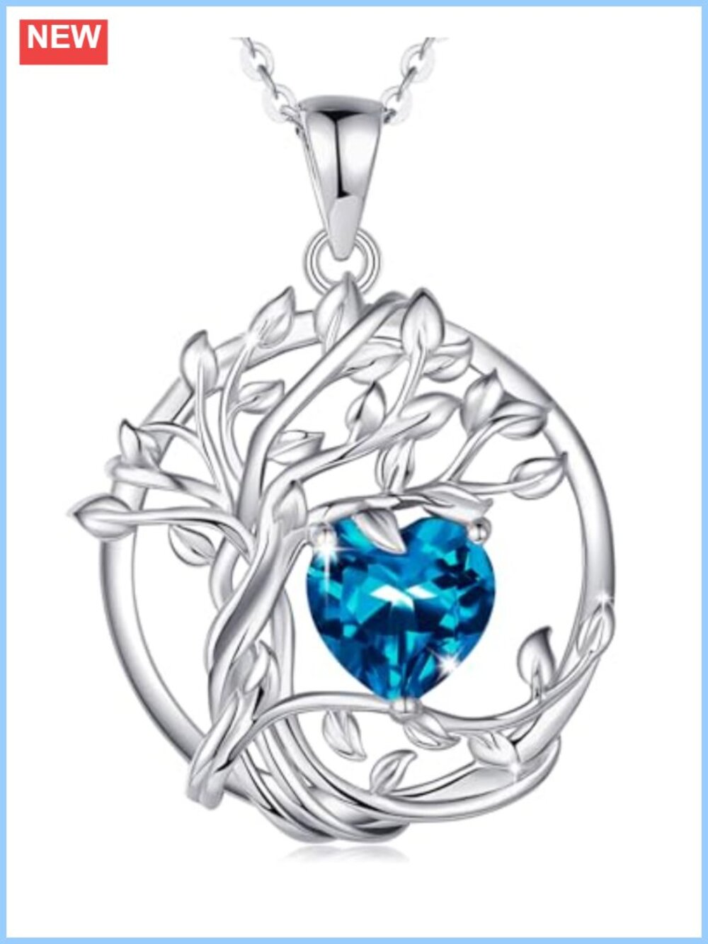 Tree of Life Birthstone Heart Pendant Necklace White Gold Plated